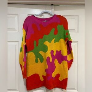 Vintage 1980s Puzzle Multicolor Print Long Sleeve Sweater Tunic Dress Sz Large‎
